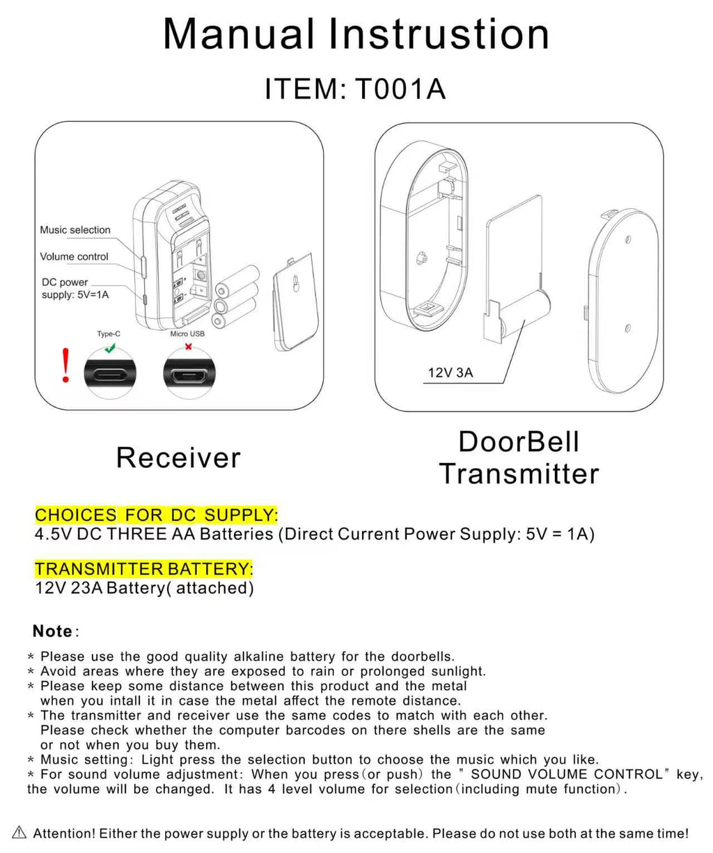 Wireless Doorbell, Easy installation, Adjustable Volume,No need for a socket-WHITE