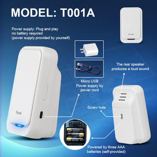 Wireless Doorbell, Easy installation, Adjustable Volume,No need for a socket-WHITE